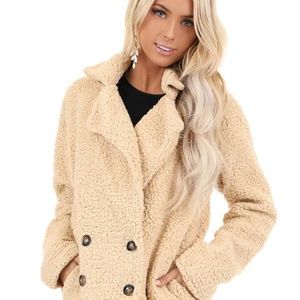 Oatmeal Sherpa Style Button Up Collared Coat Jacket with Pockets